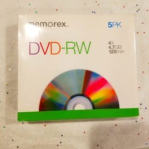 5 pack Memorex DVD-RW with cases. NIB